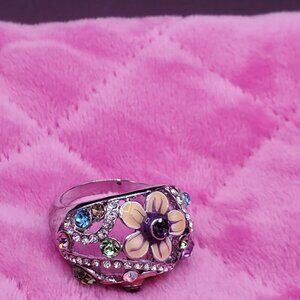 Silver-tone Floral Multi-color Rhinestone & Enamel Ring, Size 10